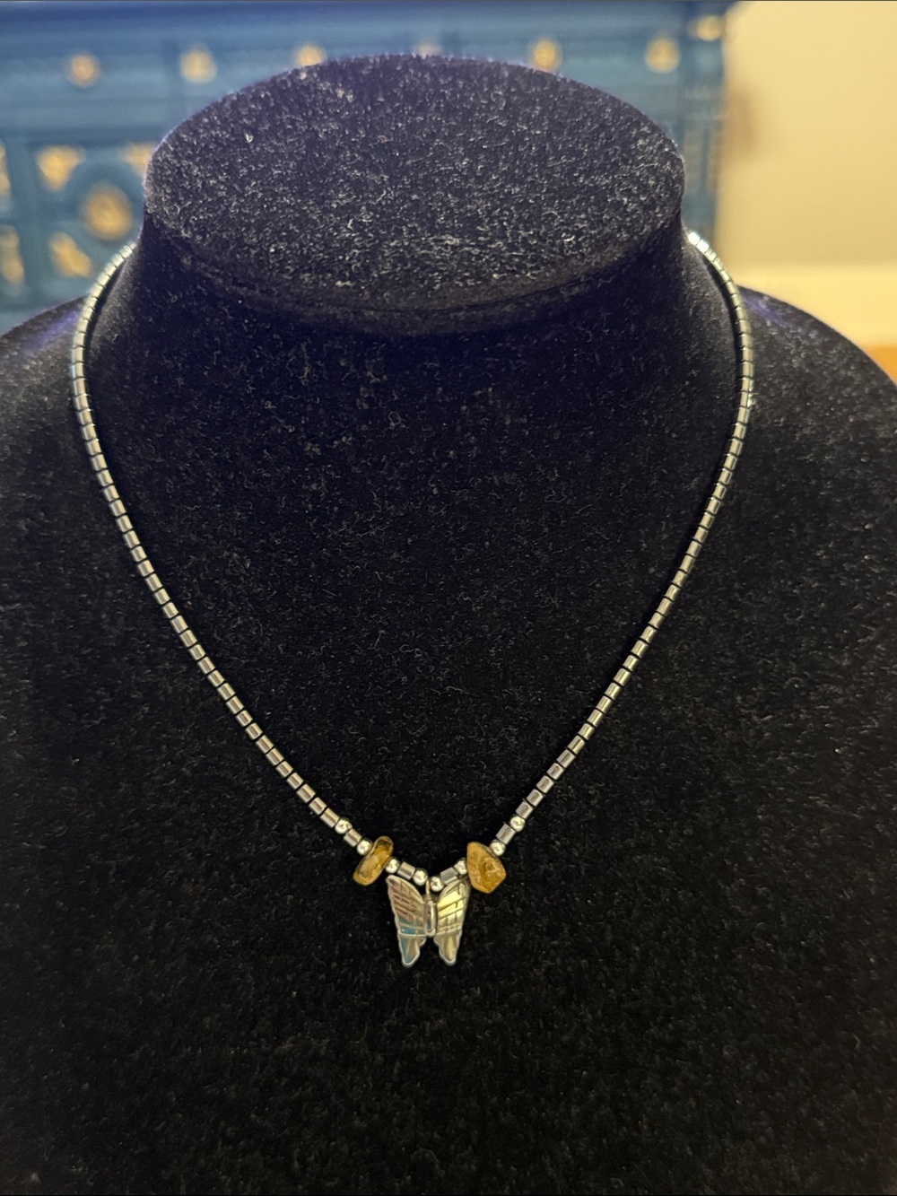 Vintage Silver Tone Gray Beaded Butterfly Pendant Statement Necklace